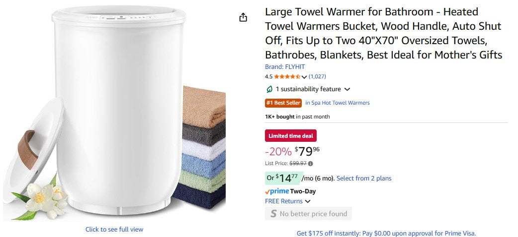 Large Towel Warmer for Bathroom - Heated Towel Warmers Bucket, Wood Handle, Auto Shut Off