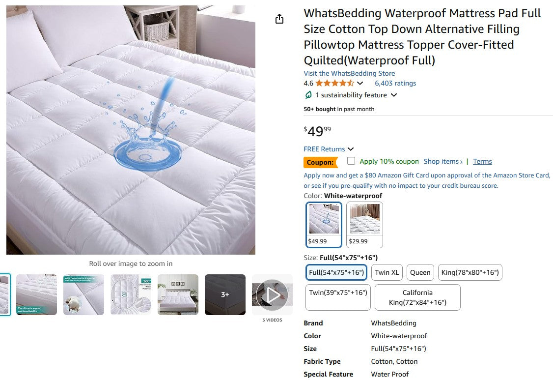 Whats Bedding Waterproof Mattress Pad Full Size Cotton Top Down Alternative Filling