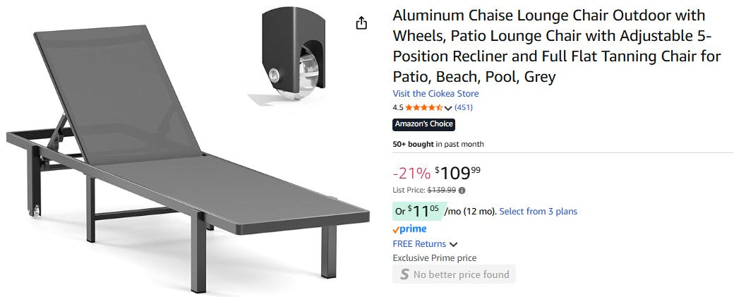 Aluminum Chaise Lounge Chair Outdoor with Wheels, Patio Lounge Chair