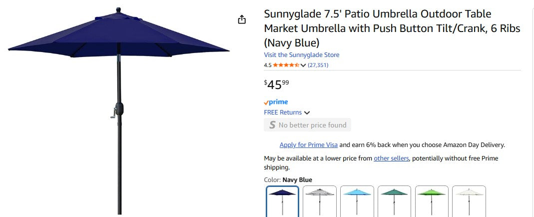 Sunnyglade 7.5' Patio Umbrella Outdoor Table Market Umbrella with Push Button Tilt (Navy Blue)