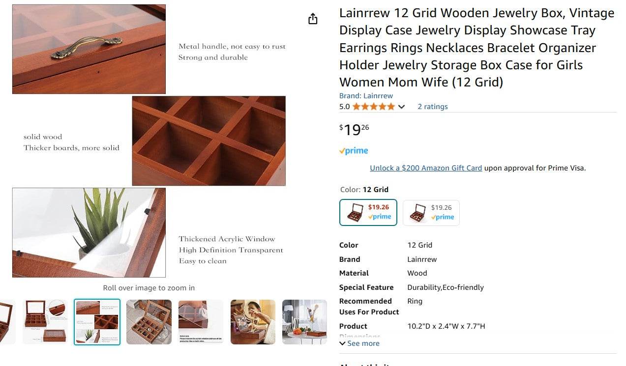 Lainrrew 12 Grid Wooden Jewelry Box, Vintage Display Case Jewelry Display Showcase