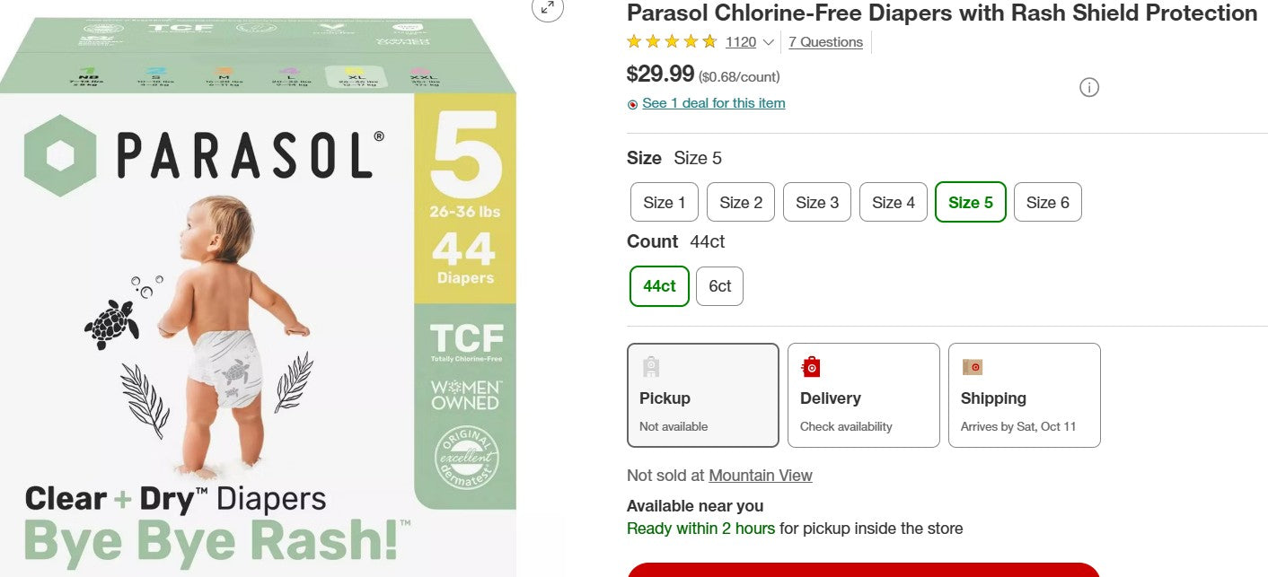 Parasol Chlorine-Free Diapers with Rash Shield Protection - Size 5, Count 44