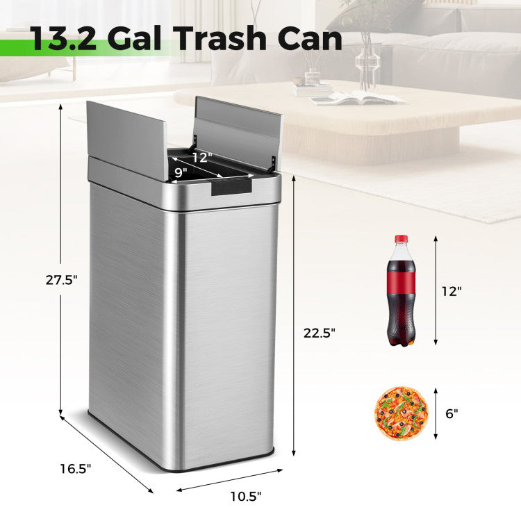 13.2 Gal Stainless Steel Frame Slim Kitchen Trash Can with Wing Lids