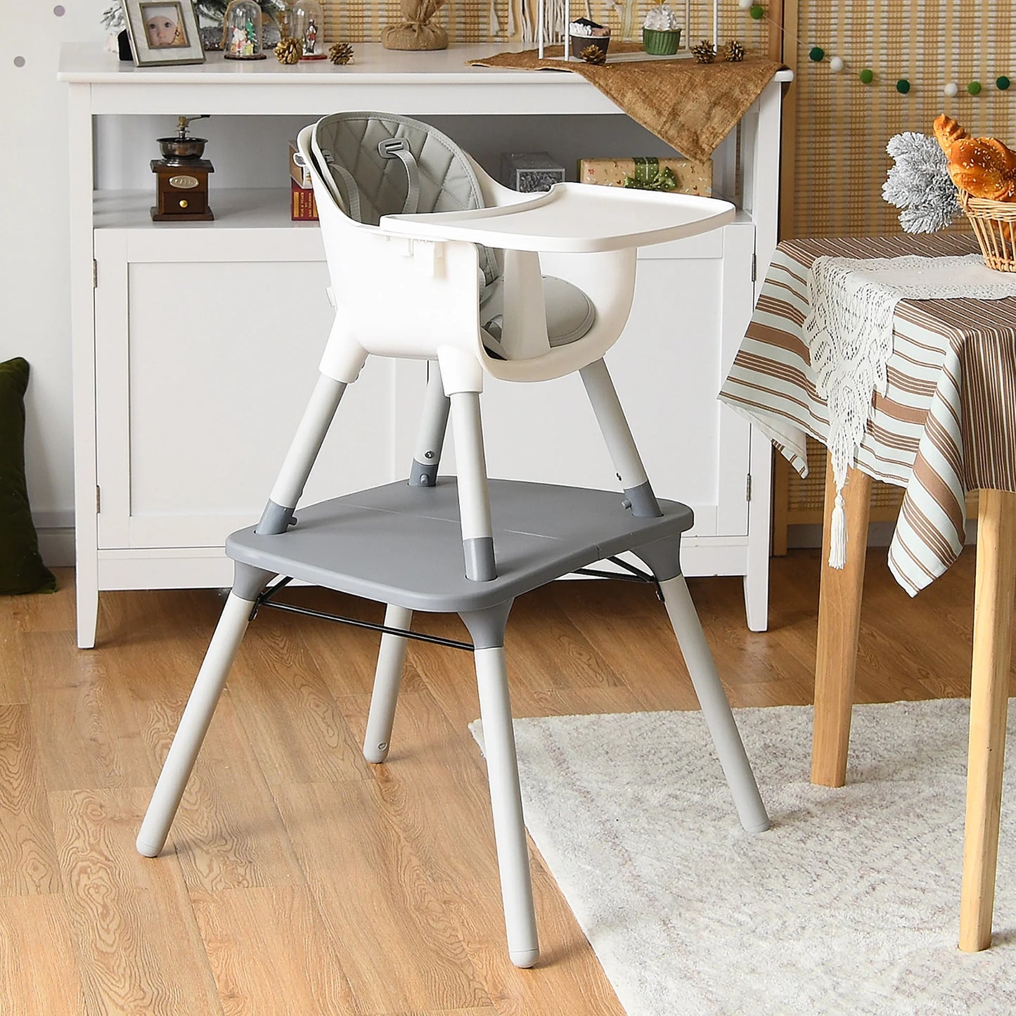 Babyjoy 4 in 1 Baby High Chair Convertible Toddler Table Chair Set with PU Cushion Gray