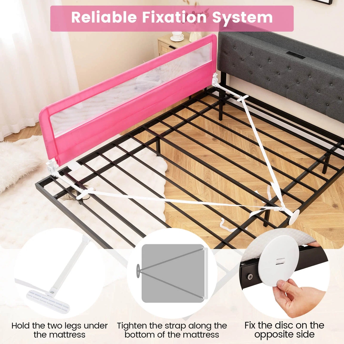 Babyjoy 71" Long Bed Rail for Toddlers with Removable Cover Breathable Mesh & Crossbar Pink