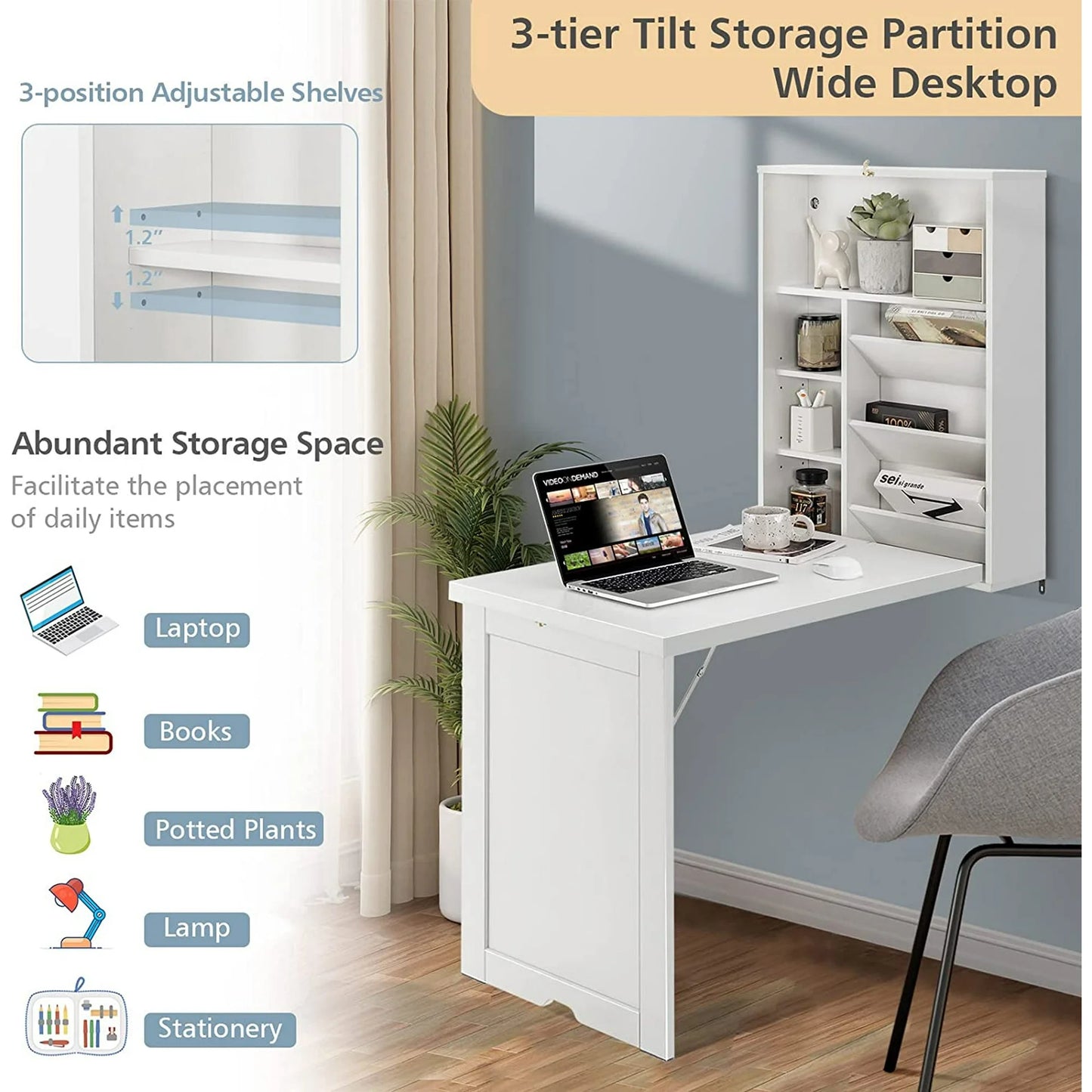 Wall Mounted Folding Desk, 3-Tier Tilt Storage Partition With Adjustable Shelves