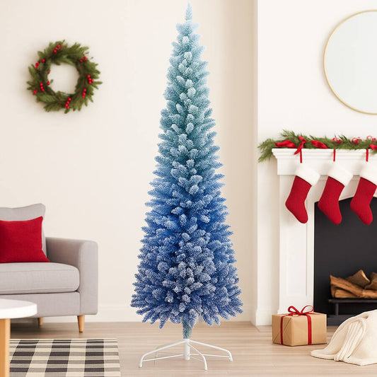 BreeBe - Snowy Gradient 7FT Xmas Tree – Full Artificial Flocked Christmas Tree - Blue