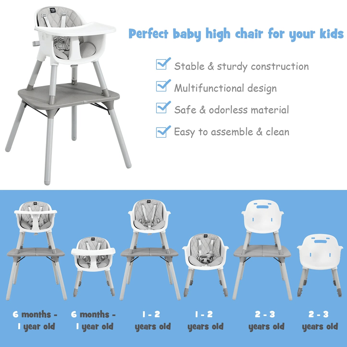 Babyjoy 4 in 1 Baby High Chair Convertible Toddler Table Chair Set with PU Cushion Gray