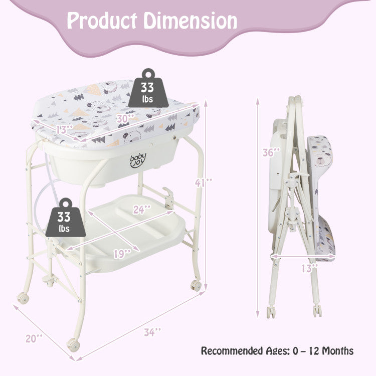 Folding Baby Changing Table with Bathtub and 4 Universal Wheels