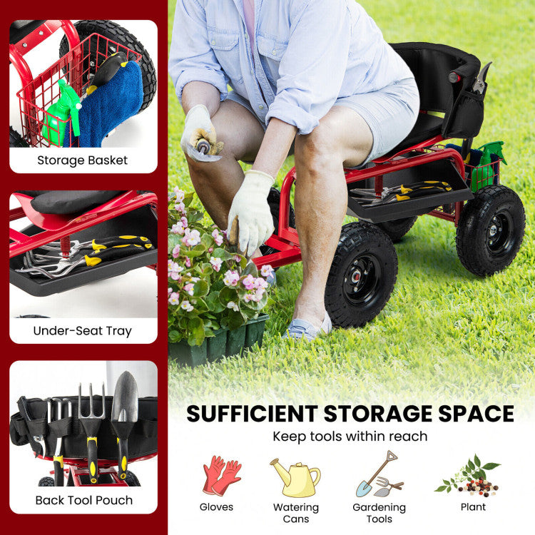 Cushioned Rolling Garden Cart Scooter with Storage Basket and Tool Pouch