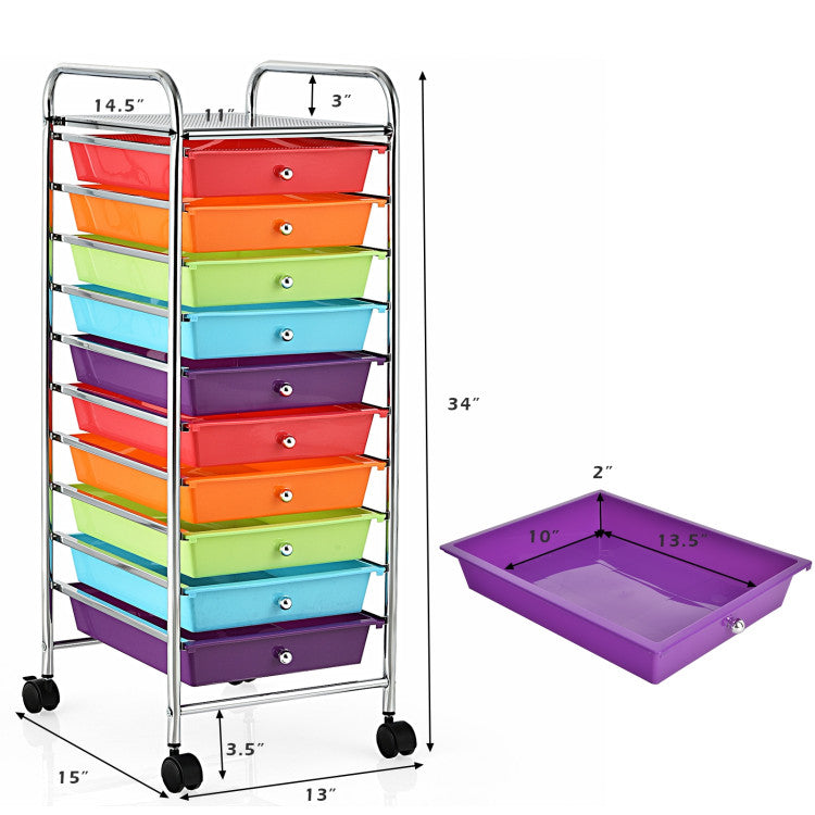 10 Drawer Rolling Storage Cart Organizer with 4 Universal Casters