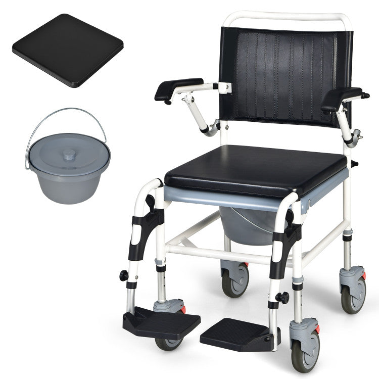 4-in-1 Bedside Commode Wheelchair with Detachable Bucket
