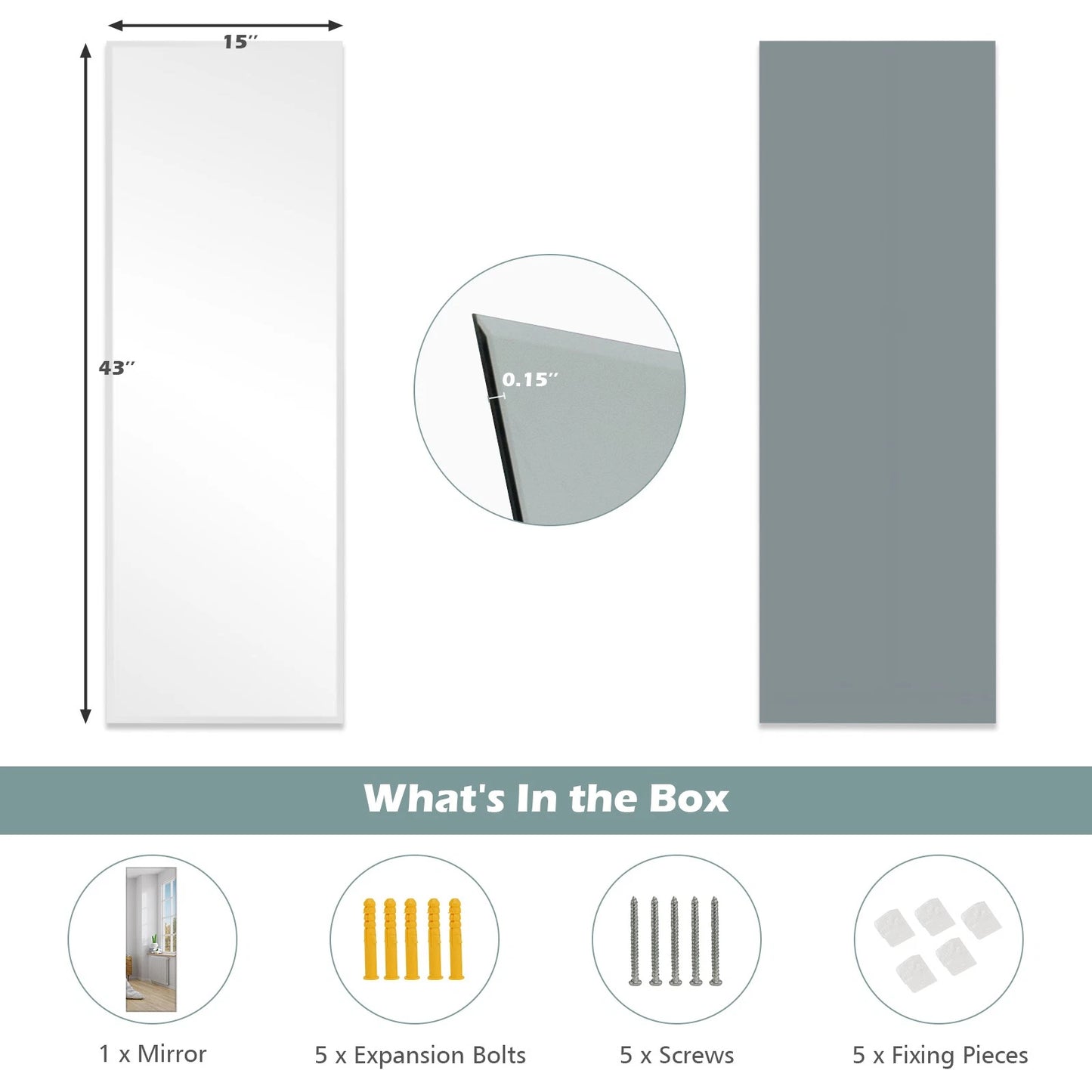 43" x 15" Wall Mounted Frameless Mirror Full Length Vertically or Horizontally