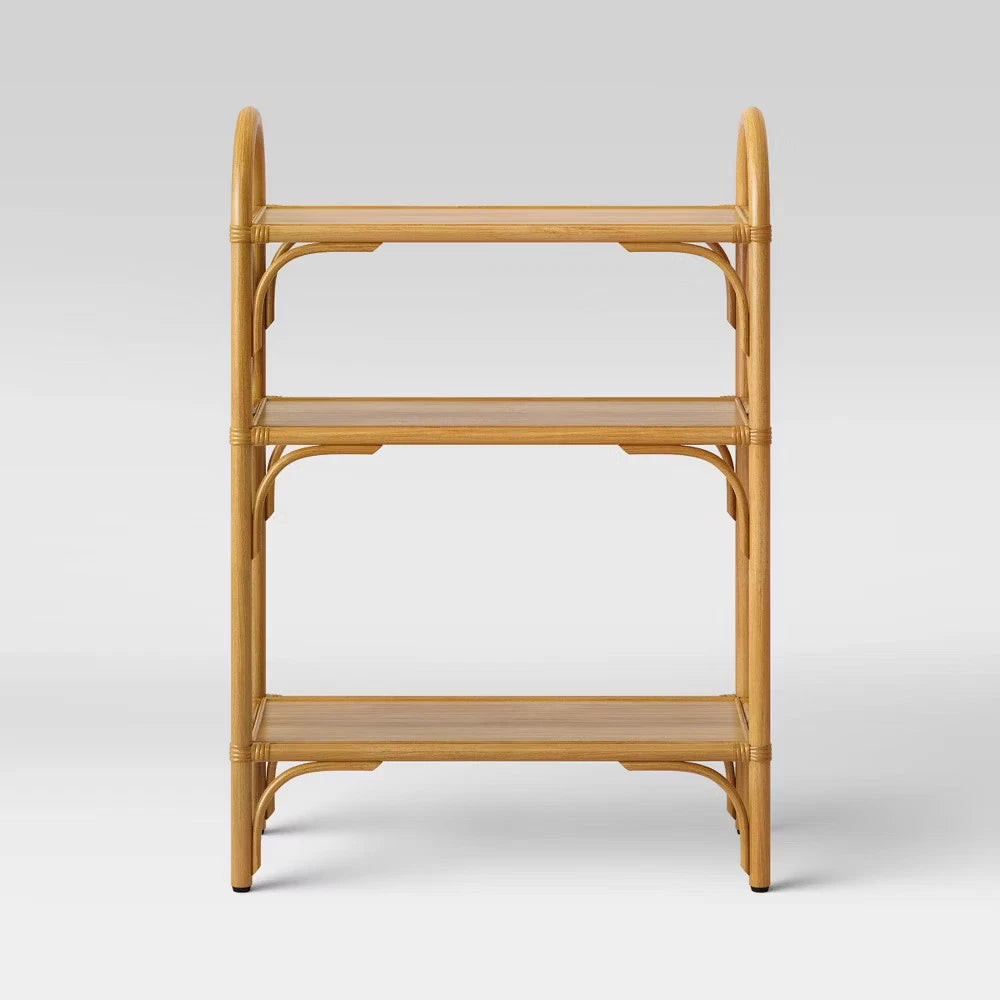 Threshold Rattan Free Standing Shelf Lacquered Finish 2 Open Shelves Nickel Tan