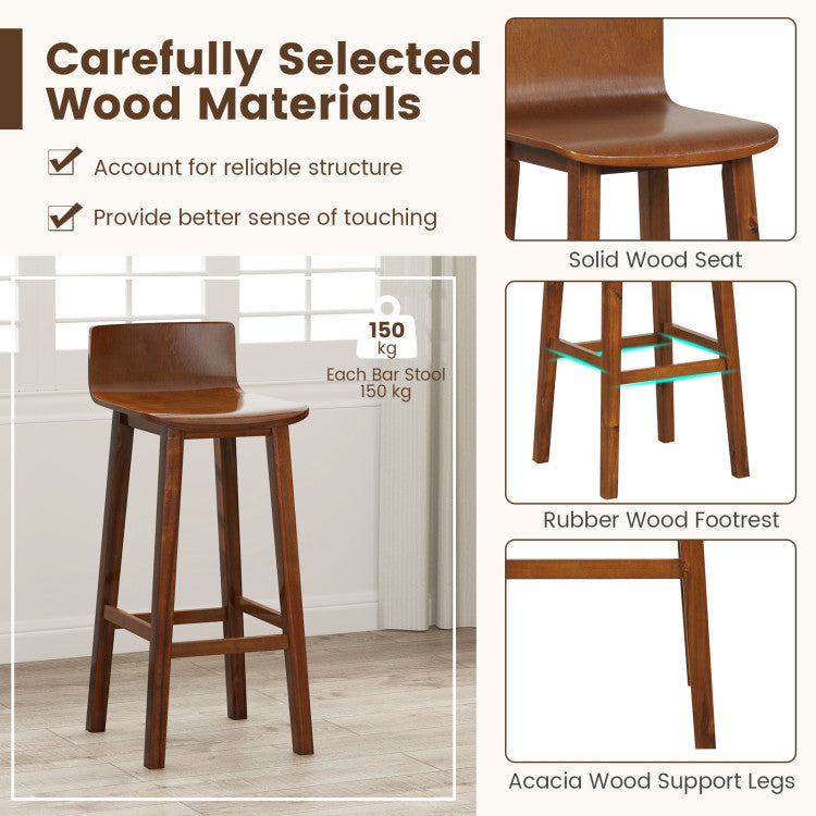 29 Inch Wood Bar Stools Set of 2 with Solid Back and Seat